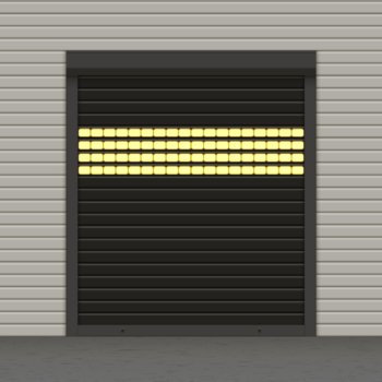 Black closed perforated roller garage shutter door with realistic texture on the light facade