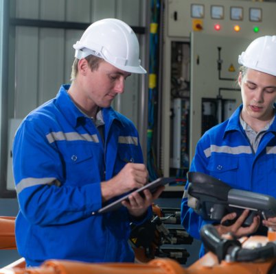 Engineer and technician working with robot arm in factory. Industry and engineering concept.