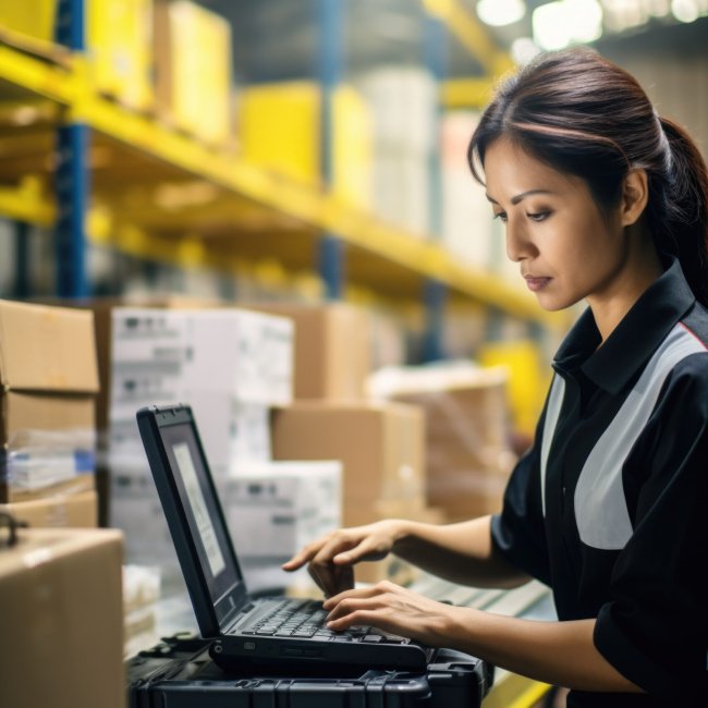 A woman is seen working on a laptop in a warehouse. This image can be used to depict a professional working in a non-traditional office environment.